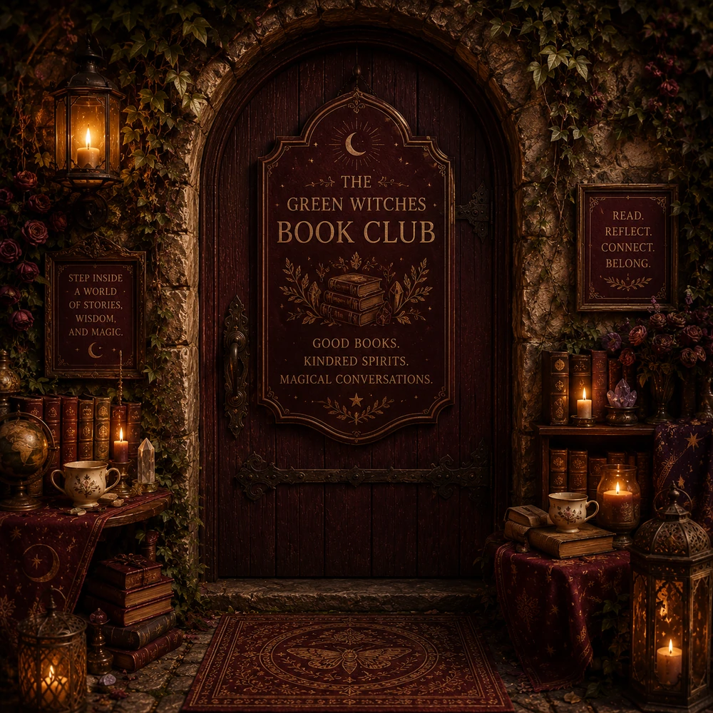 A burgundy library doorway leading to the Green Witches Book Club.