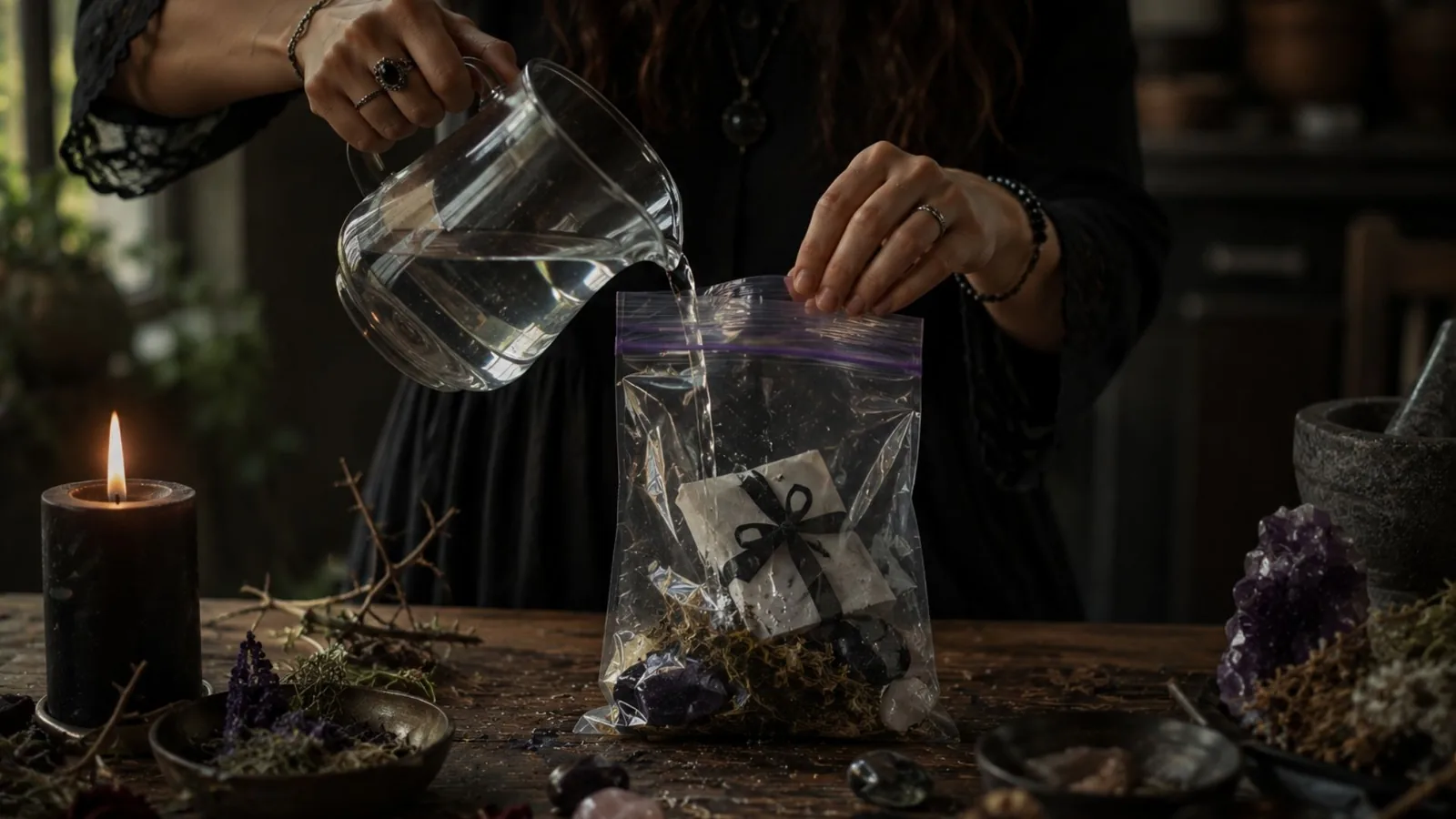 A freezer spell being prepared with water, a sealed bag, herbs, stones, and a wrapped petition